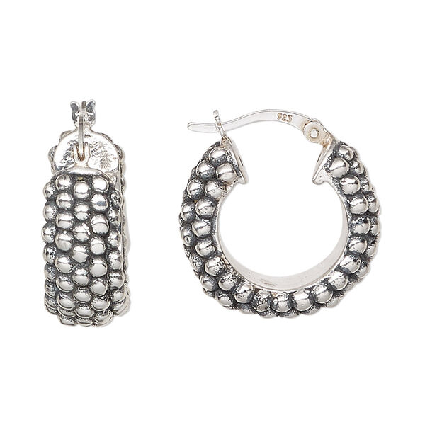 Earring, antiqued sterling silver, electroformed, 22mm beaded round hoop with latch-back closure. Sold per pair. image number 0