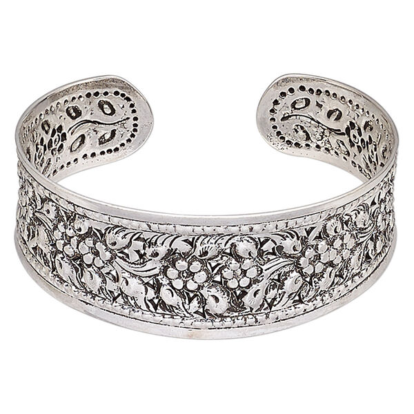 Bracelet, Hill Tribes, cuff, antique silver-plated brass, 24mm wide with flower design, adjustable. Sold individually. image number 0
