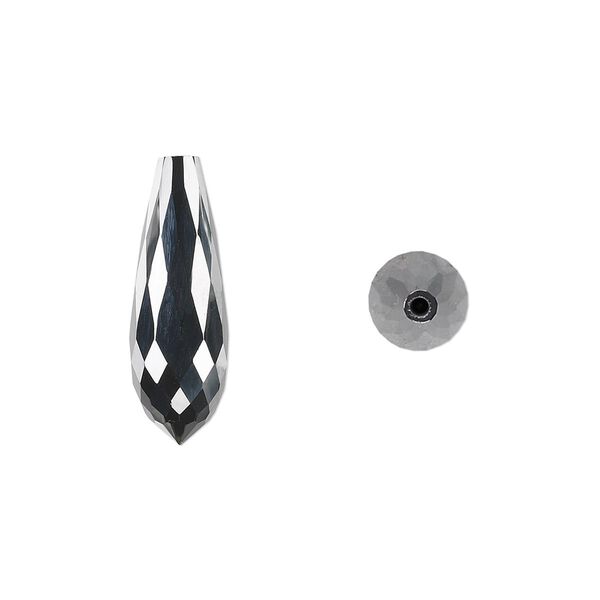 Bead, cubic zirconia, black, 20x7mm half-drilled faceted teardrop, Mohs hardness 8-1/2. Sold individually. image number 0