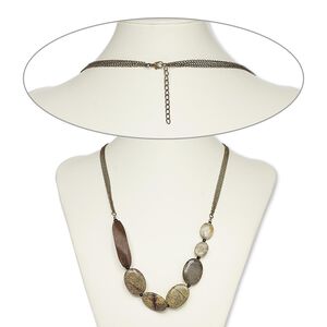 Necklace, Crazy Horse™ stone (coated) / acrylic / stained wood / antique brass-plated steel, 25 inches with 2-inch extender chain and lobster claw clasp. Sold individually.