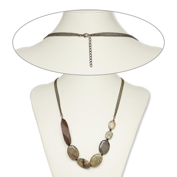 Necklace, Crazy Horse™ stone (coated) / acrylic / stained wood / antique brass-plated steel, 25 inches with 2-inch extender chain and lobster claw clasp. Sold individually. image number 0