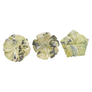Yellow "turquoise" (serpentine with quartz) 1pkg3, carved flower focal natural mix 39x33mm-41x42mm