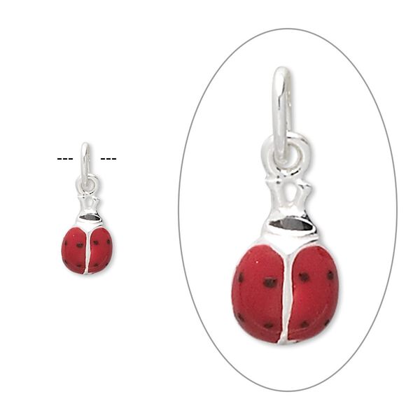 Charm, sterling silver with enamel, red, 7x5mm ladybug. Sold per pkg of 6. image number 0