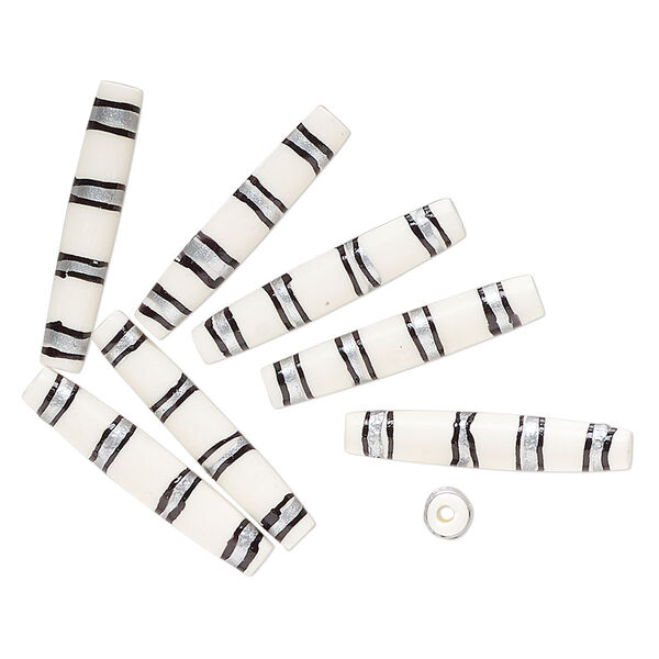 Bead, bone (dyed), white / black / silver, 36x7mm-35x6mm hand-painted tube with line design. Sold per pkg of 8. image number 0