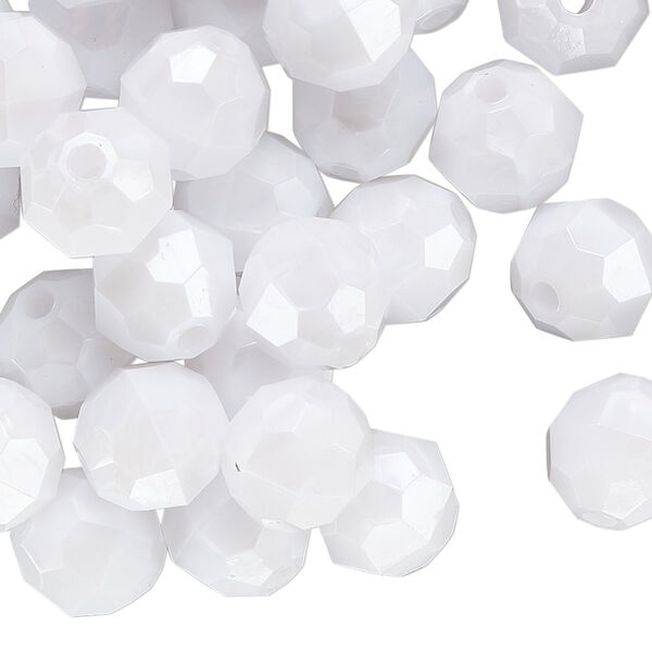 Bead, acrylic, opaque white pearl, 10mm faceted round. Sold per 100-gram pkg image number 0