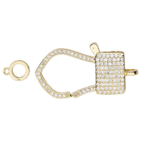 Clasp, lobster claw, cubic zirconia and gold-finished brass, clear, 33x18.5mm double-sided with 8mm ring. Sold individually. image number 0