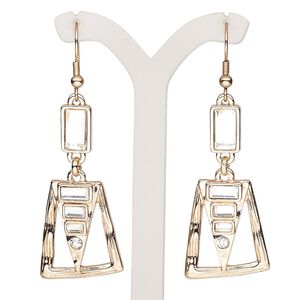 Earring, glass / glass rhinestone / rose gold-finished brass / steel / "pewter" (zinc-based alloy), clear, 2-1/2 inches with trapezoid and fishhook ear wire. Sold per pair.