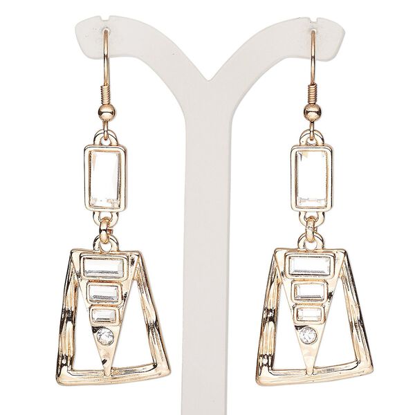 Earring, glass / glass rhinestone / rose gold-finished brass / steel / "pewter" (zinc-based alloy), clear, 2-1/2 inches with trapezoid and fishhook ear wire. Sold per pair. image number 0