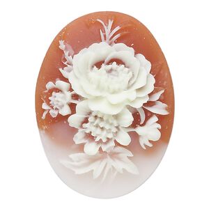 Cabochon, acrylic, peach and white, 40x30mm non-calibrated oval cameo with flower. Sold individually.