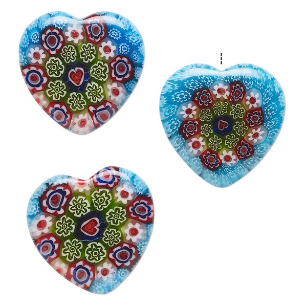 Bead, millefiori glass, translucent multicolored, 24-26mm half-drilled puffed heart with flower design. Sold per pkg of 3. image number 0