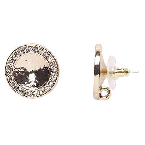 Earstud 1pkg2 Almost Instant Jewelry® pewter (tin-based alloy) / cubic zirconia, 20mm round  / 12mm rivoli glue-in setting / comfort clutch, gold-finished / pink tint / clear 1 pair image number 0