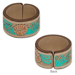 Bracelet, cuff, painted leather (dyed), multicolored, 40mm wide with etched leaf design, adjustable from 6-1/2 to 7-1/2 inches. Sold individually.