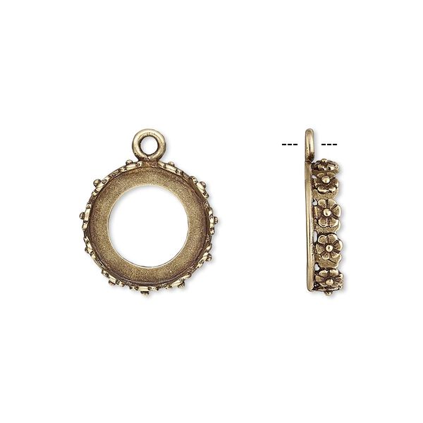 Drop, JBB Findings, antiqued brass, 14.5mm round with open back and flower design trim, 12mm round bezel setting. Sold per pkg of 2. image number 0
