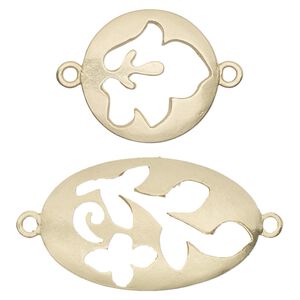 Focal and link, gold-finished "pewter" (zinc-based alloy), 20mm matte round with cutout leaf design and 33x20mm matte oval with cutout leaf and flower design. Sold per pkg of 7.