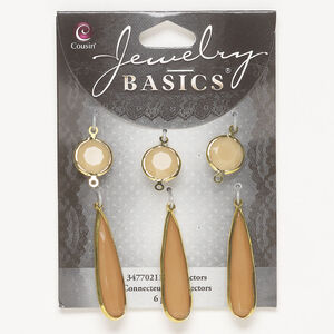 Link and focal assortment 1pkg6, gold-finished brass and acrylic, light beige and dark beige, 13mm double-sided faceted round / 40x9mm double-sided faceted teardrop.