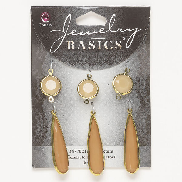 Link and focal assortment 1pkg6, gold-finished brass and acrylic, light beige and dark beige, 13mm double-sided faceted round / 40x9mm double-sided faceted teardrop. image number 0