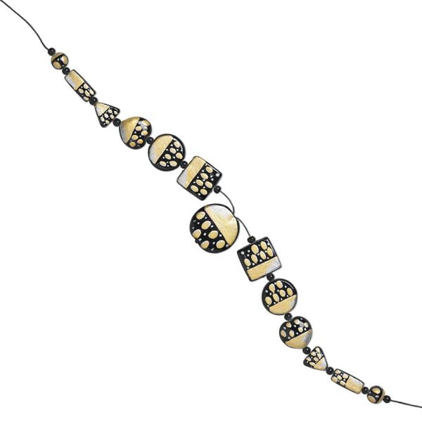 Bead set, glass and waxed cotton cord, gold / black / silver, (1) 35mm round, (2) 25x25mm square, (2) 25mm flat round, (2) 22x21mm puffed heart, (2) 18x18x17mm triangle, (2) 24x10mm rectangle, (2) 12mm round, (12) 5-6mm spacers, double-sided, 16-inches. Sold per 13-piece set. image number 0