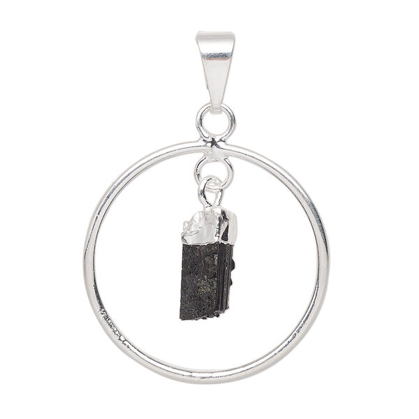 Pendant, Everyday Jewelry, silver-plated brass and black tourmaline (natural), 30x25mm-32x27mm open round. Sold individually. image number 0