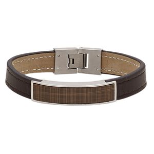 Bracelet, leather (dyed) with stainless steel and antiqued copper, brown, 13mm wide with scratched design and 45x13mm curved rectangle, 6-1/2 inches with fold-over clasp. Sold individually.