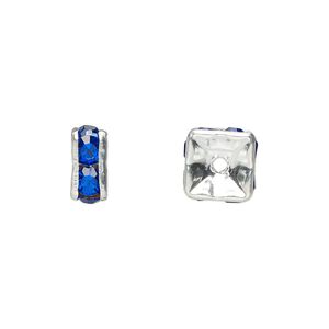 Bead, glass rhinestone and silver-plated brass, sapphire blue, 8x4mm squaredelle. Sold per pkg of 10.