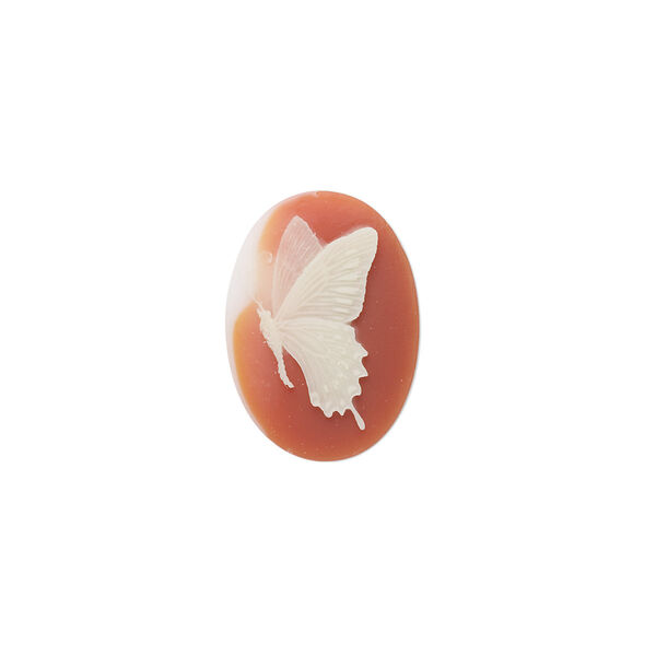 Cabochon, acrylic, peach and white, 18x13mm non-calibrated oval cameo with butterfly. Sold per pkg of 2. image number 0