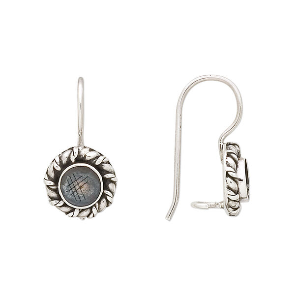 Ear wire, antiqued sterling silver, 21mm fishhook with 11mm wire-wrapped round and 6mm round bezel setting with safety. Sold per pair. image number 0