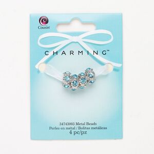 Brass / glass rhinestone 1pkg4, beaded rondelle bead silver-finished / teal blue 12x6mm