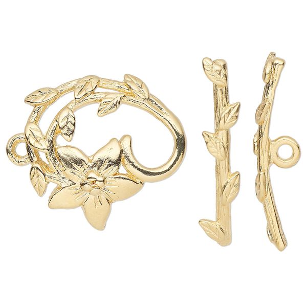 Clasp, JBB Findings, toggle, gold-plated pewter (tin-based alloy), 24x22.5mm single-sided fancy flower. Sold individually. image number 0