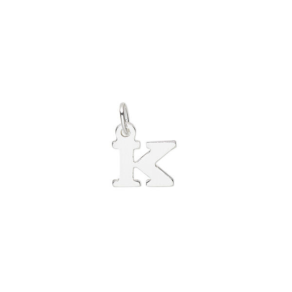 Charm, sterling silver, 9x7mm block alphabet letter "K." Sold individually. image number 0
