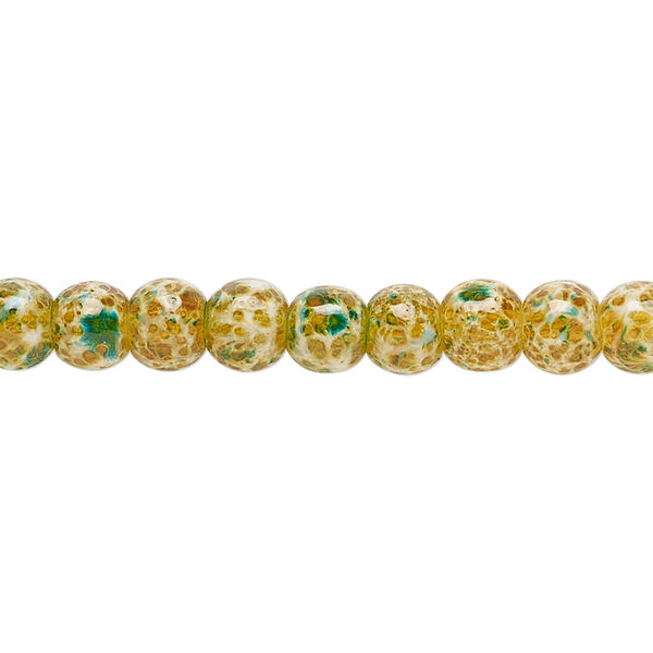 Bead, glass, opaque dark yellow / green / white, 5-6mm round with random spotted pattern. Sold per 15-1/2" to 16" strand. image number 0