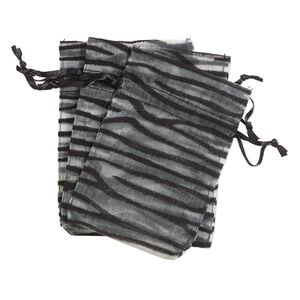 Pouch, satin and flocked organza, grey and black, 4x3-inch rectangle with zebra design and drawstring. Sold per pkg of 12.