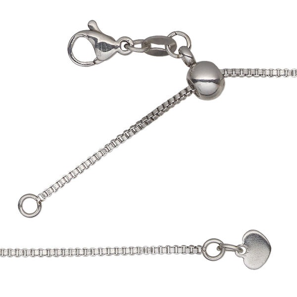 Chain, stainless steel and silicone, 1.2mm box with 6x4mm adjustable slider bead and 6x5mm tab, wearable from 16 to 24 inches with lobster claw clasp and loop. Sold individually. image number 0