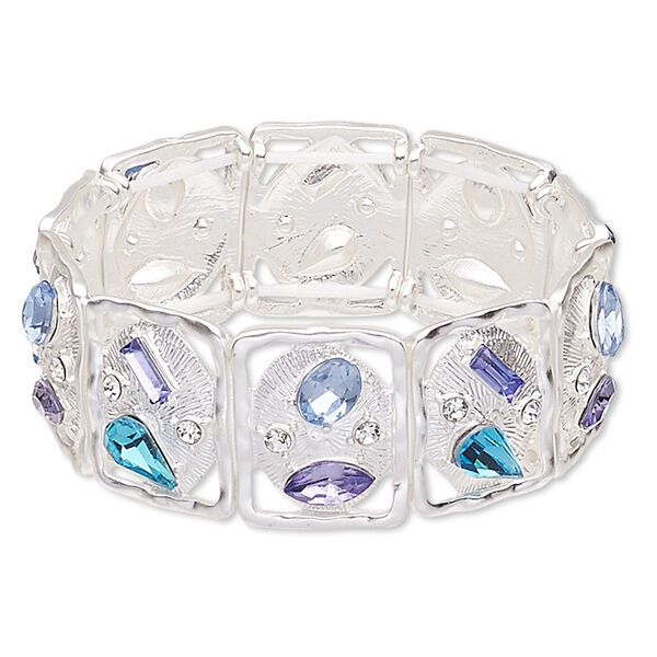 Bracelet, stretch, acrylic / glass rhinestone / silver-plated "pewter" (zinc-based alloy), multicolored, 23x18mm matte rectangle, 6-1/2 inches. Sold individually. image number 0