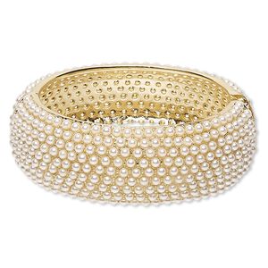 Bracelet, hinged bangle, acrylic with gold-finished steel and "pewter" (zinc-based alloy), white, 26mm wide, 7-1/2 inches with magnetic clasp. Sold individually.