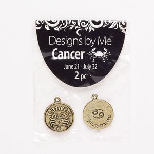 "Pewter" (zinc-based alloy) / enamel 1pkg2, 2-sided round charm / Cancer / "Imaginative" antique gold finish / black 18mm