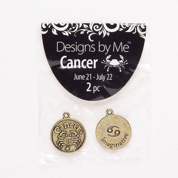 "Pewter" (zinc-based alloy) / enamel 1pkg2, 2-sided round charm / Cancer / "Imaginative" antique gold finish / black 18mm image number 0