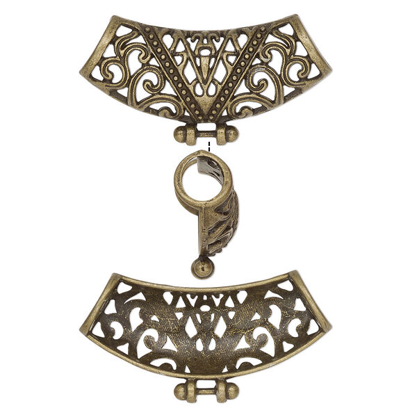 Slide, antique brass-finished "pewter" (zinc-based alloy), 34.5x18mm single-sided curved tube with fancy cutout design. Sold per pkg of 6. image number 0