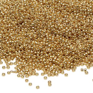 Seed bead, Miyuki, glass, pkg/250g, #15 rocaille, Duracoat® opaque galvanized gold, (RR-4202).