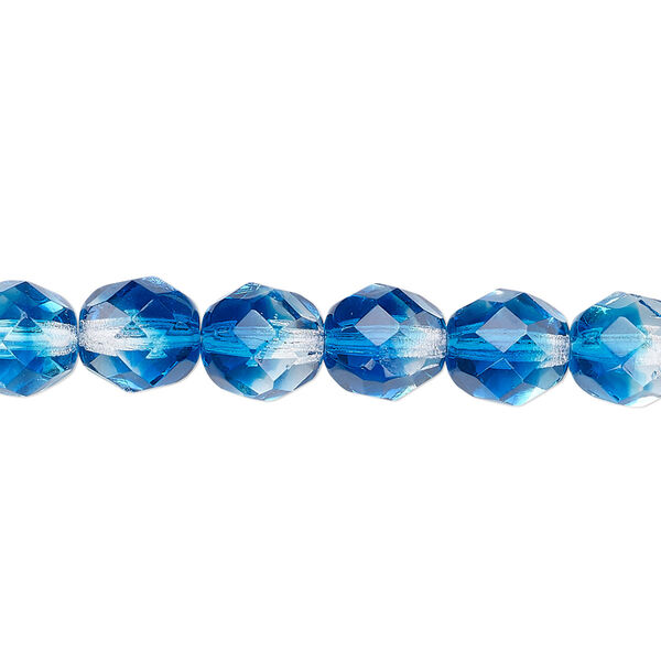 Bead, Czech fire-polished glass, two-tone, crystal/aqua, 8mm faceted round. Sold per 15-1/2" to 16" strand. image number 0