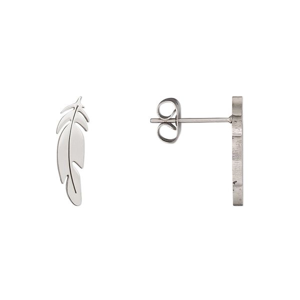 Earstud, stainless steel, 16x5mm feather. Sold per pair. image number 0