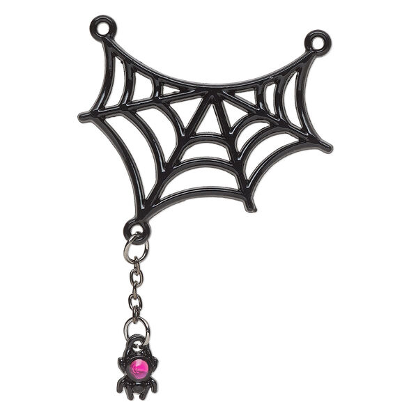 Focal, black-finished "pewter" (zinc-based alloy) and resin, black and pink, 56x39mm spiderweb. Sold per pkg of 2. image number 0