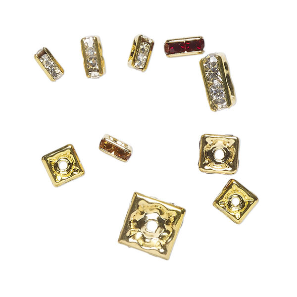 Bead mix, "pewter" (zinc-based alloy) and glass rhinestone, pkg/10, gold finish and mixed colors, 5x2mm-8x4mm square rondelle. image number 0