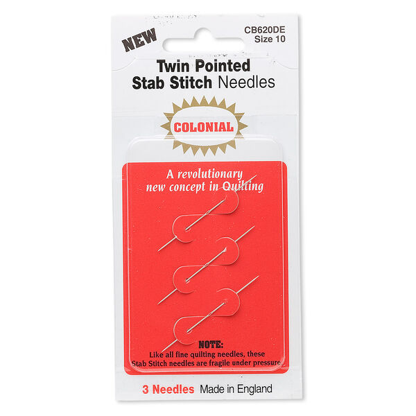 Needle, Colonial, twin pointed stab stitch, steel, #10 with 0.79mm needle eye width, 1-3/4 inches. Sold per pkg of 3. image number 0