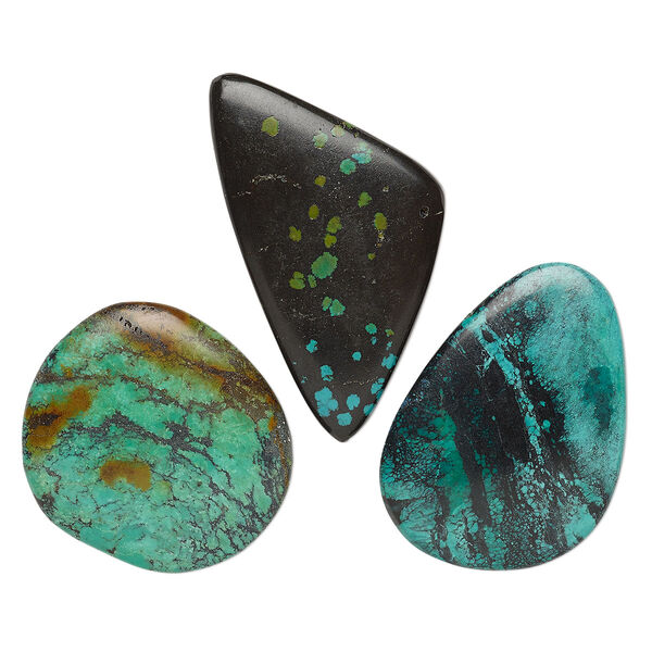 Cabochon mix, turquoise (dyed / stabilized), 33x30mm-58x38mm non-calibrated freeform, Mohs hardness 5 to 6. Sold per pkg of 3. image number 0