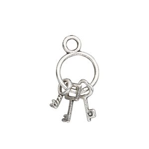 Charm, antique silver-plated "pewter" (zinc-based alloy), 21x12mm double-sided key ring with (3) keys. Sold per pkg of 10.