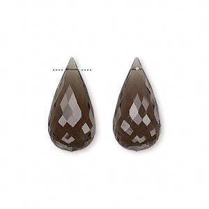 Smoky quartz 1pkg2, hand-cut top-drilled faceted briolette bead 20x10mm