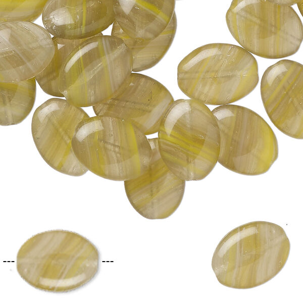 Bead, Czech pressed glass, translucent olive green and yellow, 12x9mm puffed oval with swirl design. Sold per 1-ounce pkg, approximately 40 beads. image number 0