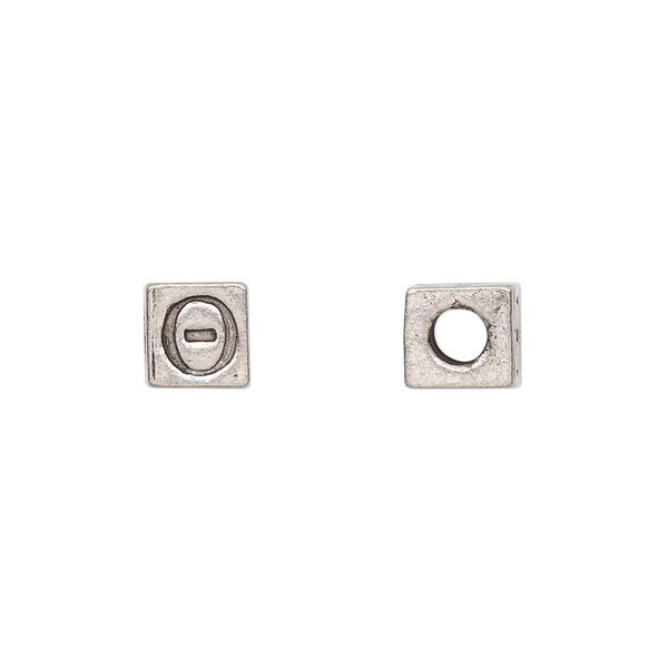 Bead, antiqued pewter (tin-based alloy), 7mm cube with Greek letter, THETA. Sold per pkg of 4. image number 0
