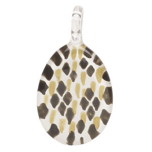 Focal, lampworked glass 1pkg1, opaque multicolored with gold-colored glitter, 29x20mm-31x23mm single-sided oval.