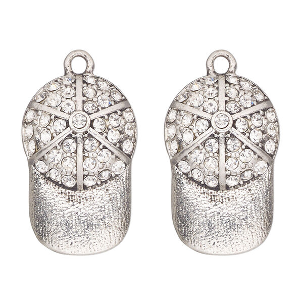 Charm, antique silver-finished "pewter" (zinc-based alloy) and glass, clear, 26x17mm single-sided baseball cap. Sold per pkg of 2. image number 0